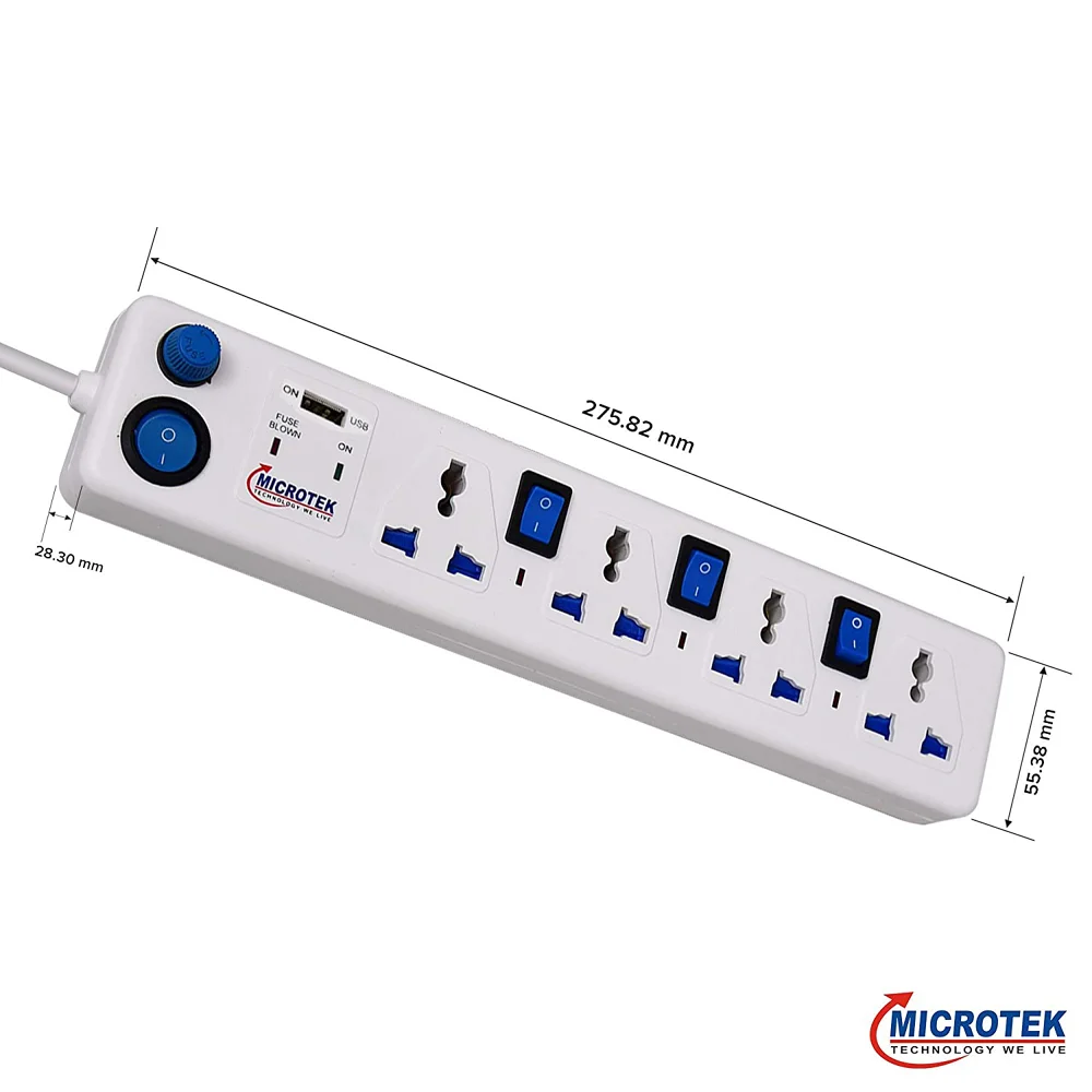 SPIKE GUARD, 4 SOCKET + USB WITH FOUR SWITCH (2 METER)