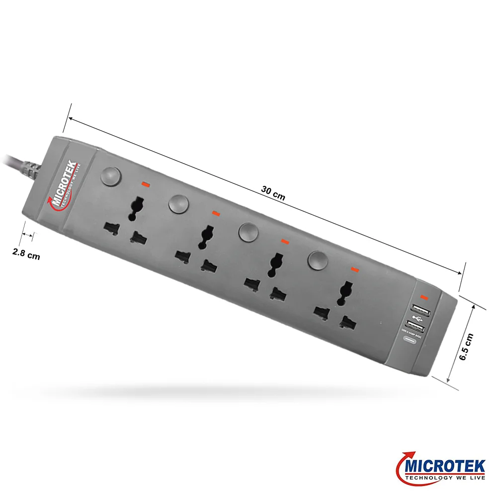 HIGH GRADE GREY EDITION SPIKE GUARD, 4 SOCKET + USB & TYPE 'C' CHARGER WITH FOUR SWITCH (2 METER)