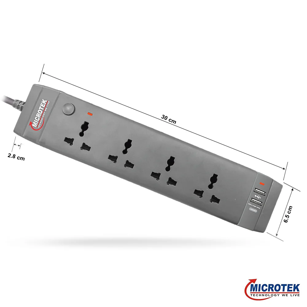 HIGH GRADE GREY EDITION SPIKE GUARD, 4 SOCKET + USB & TYPE 'C' CHARGER WITH ONE SWITCH (2 METER)